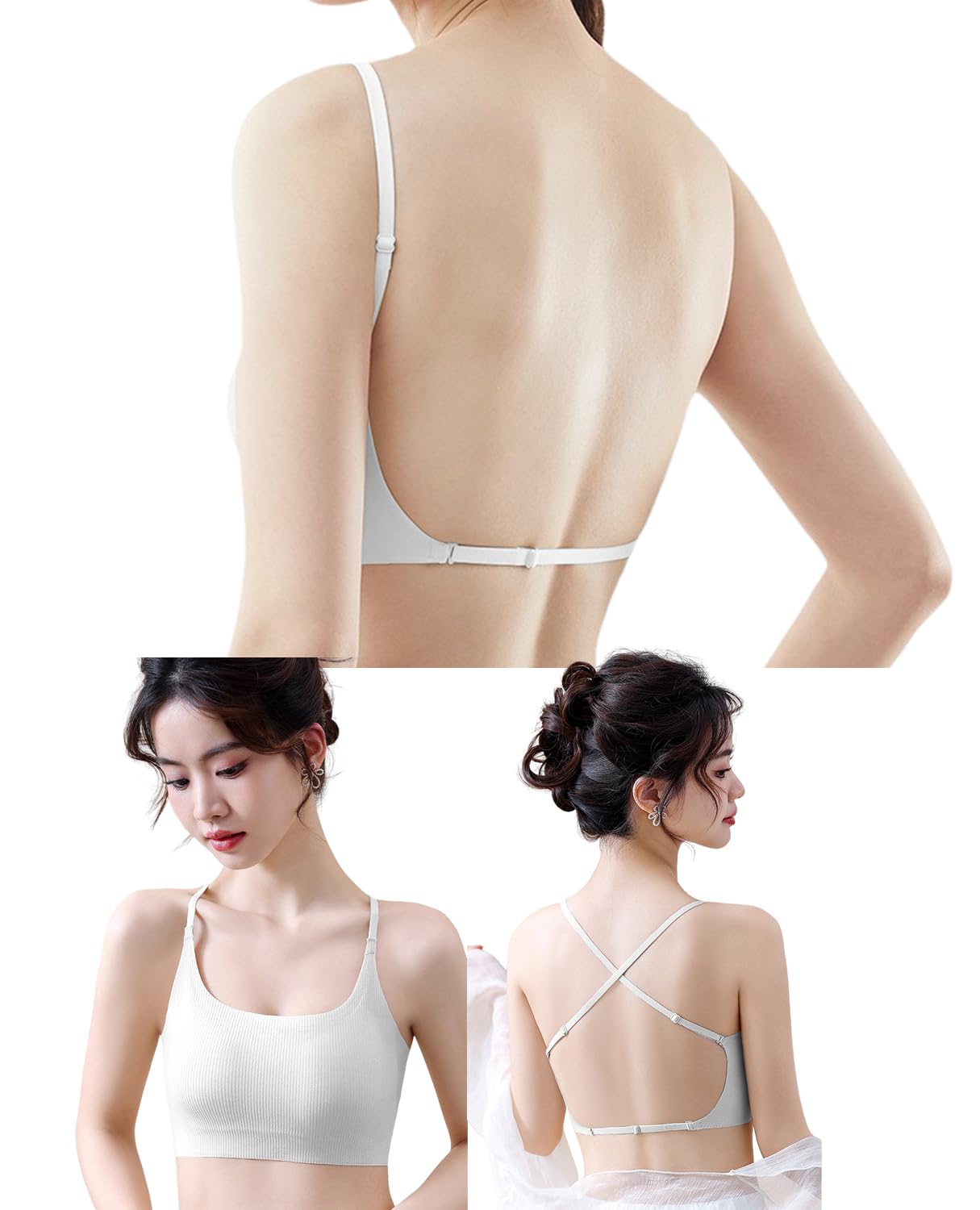 【送料無料】[Kayuuhin] ブラ 背中見せ シームレス ノンワイヤー 薄型カップ U字バック魅せ 肩・背中見せブラ 着こなし レディース 背中見せインナー ドレス休暇 調節可能ダブルストラップ 色：ホワイト（D09）、サイズ：M