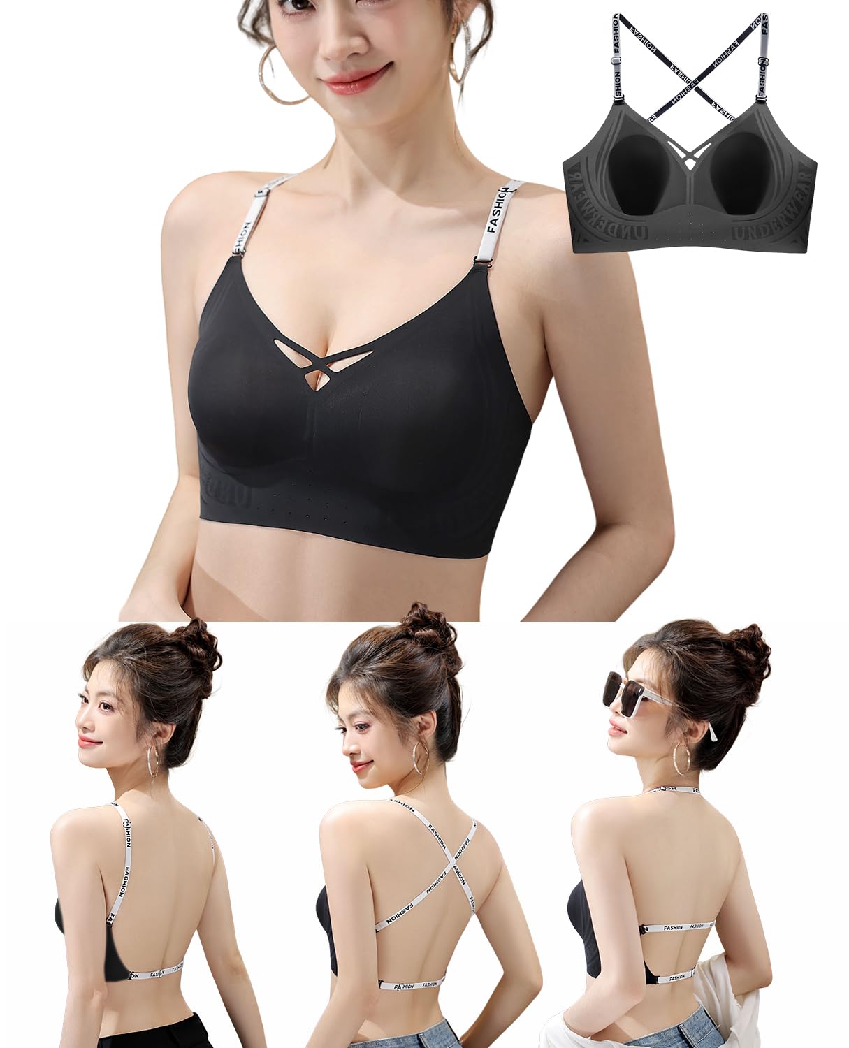 【送料無料】[Kayuuhin] ブラ 背中見せ 背中魅せ3WAYストラップ 薄型カップ ノンワイヤー シームレス 軽くて薄い 多様な着け方 肩・背中見せ レターストラップ 着こなし レディース インナー ドレス休暇ブラ 調節可能ダブルストラップ 色：ブラック（1048）、サイズ：M