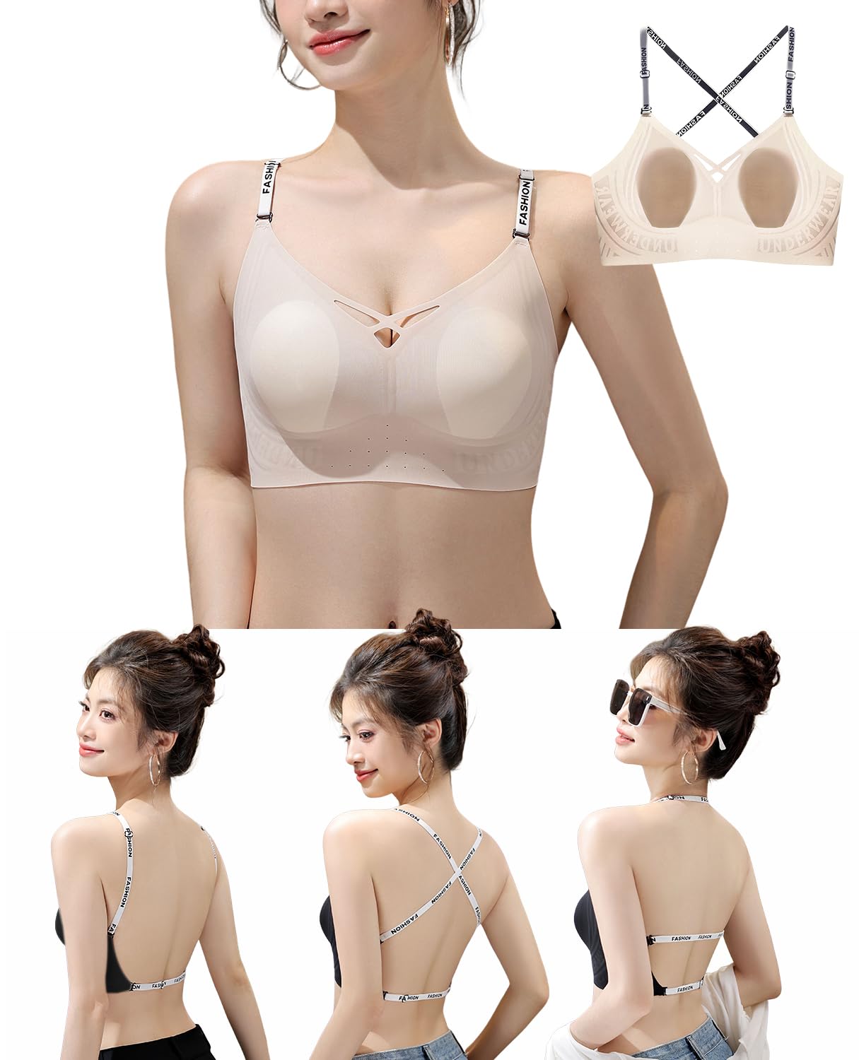 【送料無料】[Kayuuhin] ブラ 背中見せ 背中魅せ3WAYストラップ 薄型カップ ノンワイヤー シームレス 軽くて薄い 多様な着け方 肩・背中見せ レターストラップ 着こなし レディース インナー ドレス休暇ブラ 調節可能ダブルストラップ 色：肌色（1048）、サイズ：S