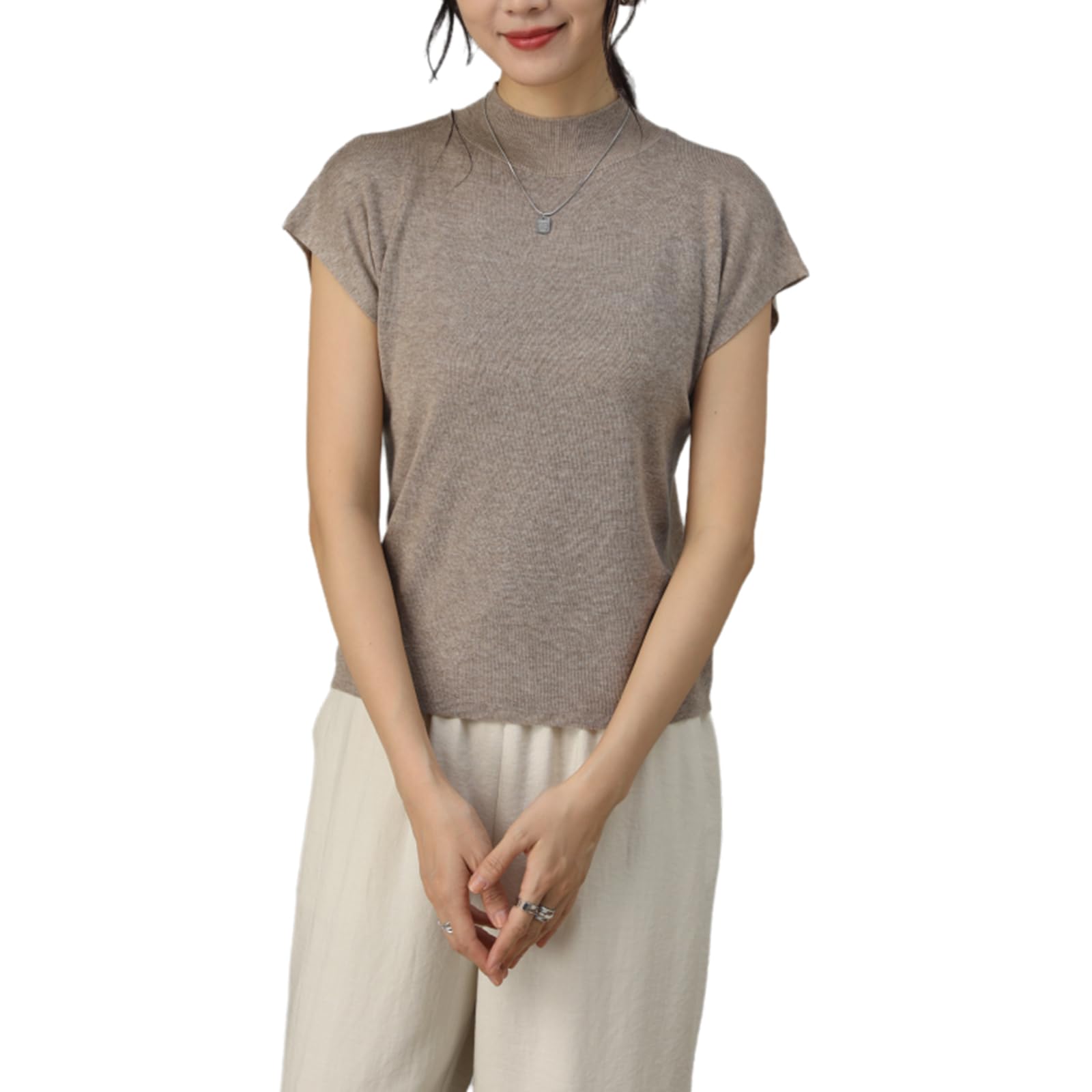 【送料無料】[zuevichn] ニットソー レディース 半袖 立ち襟 カットソー 薄手 セーター トップス 無地 ..