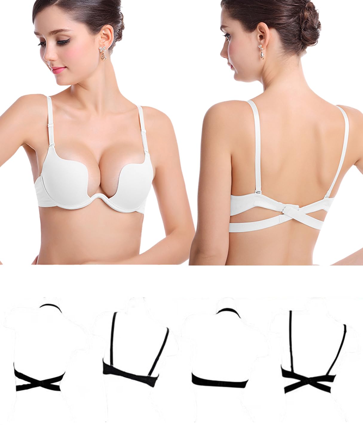 【送料無料】[Kayuuhin] ブラ 背中見せ 盛れる U字バック魅せ Uネック用 胸元すっきり多様な着け方 ソフトワイヤー 透明ブラ紐 肩・背中見せ レディース背中魅せインナー 薄手 ドレスリゾート ダブルストラップ調整可能 色：ホワイト、サイズ：L