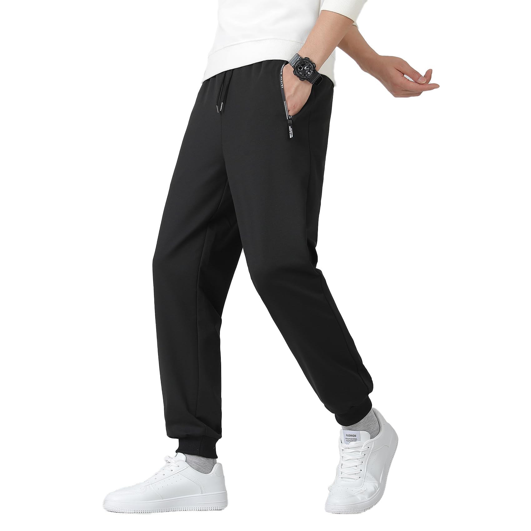 【送料無料】[Cailin Kailun] メンズ ロングパンツ ゆったり 快適 無地 調整紐 軽快 カジュアルぱんつ 春秋冬 メンズ ボトムス 色：05-ブラックーリブ裾、サイズ：5XL