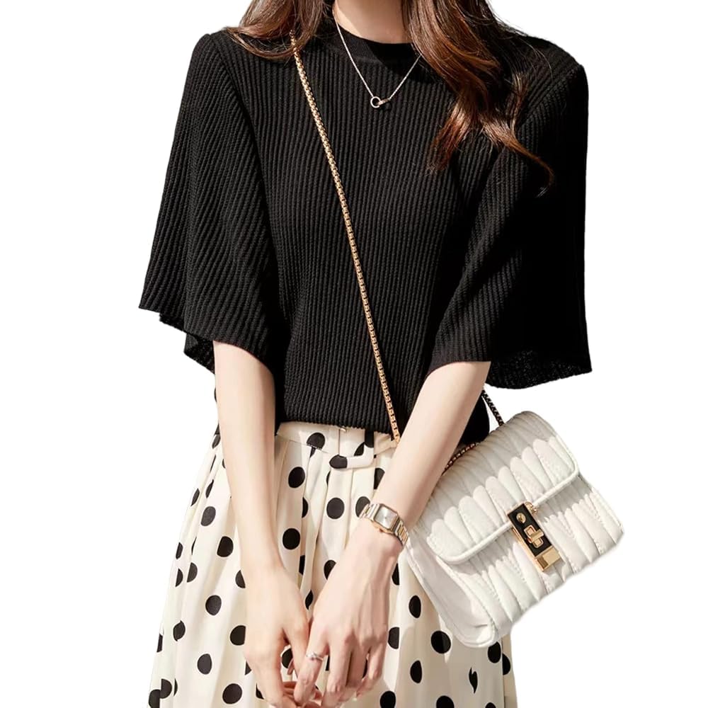 【送料無料】[xppe] サマーニット セーター レディース ドルマンスリーブ リブニット トップス 薄手 柔らかい 大人 おしゃれ エレガント 大きいサイズ 上品 きれいめ ストレッチ ゆったり 通勤 夏服 色：ブラック、サイズ：Free Size