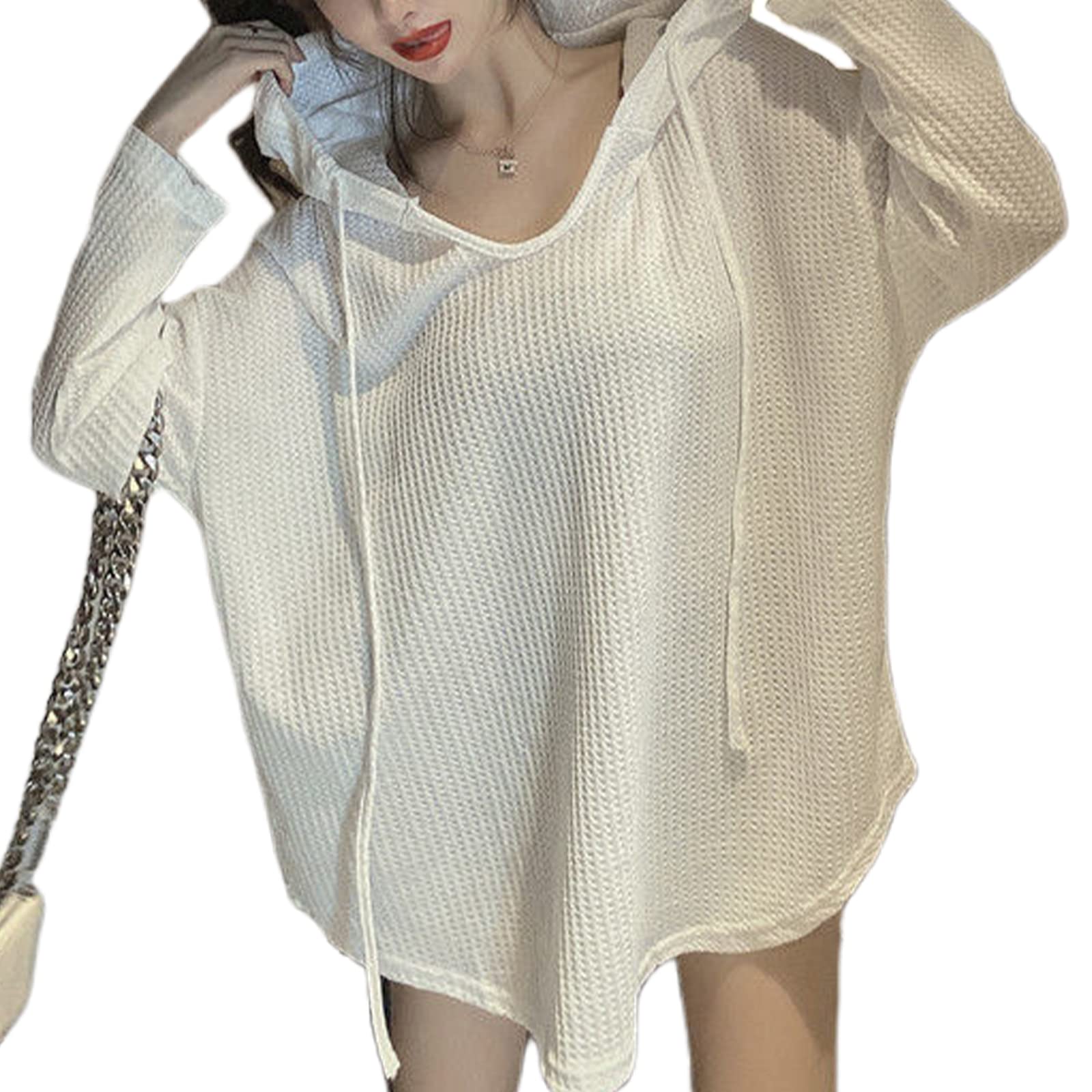 【送料無料】[xppe] パーカー フード付き レディース 長袖 トップス トレーナー tシャツ オーバサイズ ロングシャツ カットソー 大きいサイズ ゆったり ワッフル ビッグシルエット 人気 カジュアル 韓国ファッション 薄手 無地 夏 秋 色：ホワイト、サイズ：XL