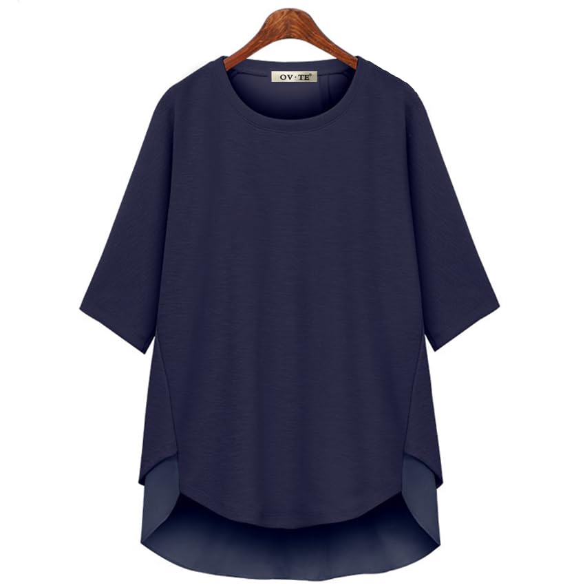 【送料無料】[xppe] Tシャツ レディース フリル シフォンニット 前短後長 ゆったり カウルネック 五分..