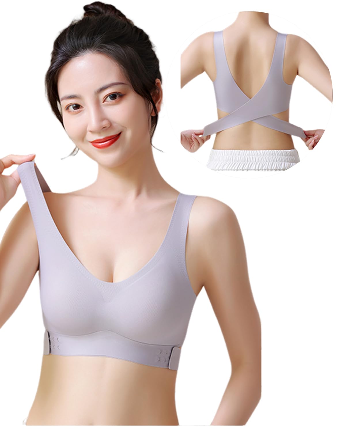 【送料無料】[Kayuuhin] 前ホック ナイトブラ ブラジャー ノンワイヤー シームレス脇高設計 夜用 前ホック 寄せ上げ・垂れ防止 無縫製 軽やか 下着 昼夜兼用 快適・通気 インナー レディース 色：ライトグレー（Y24）、サイズ：2XL