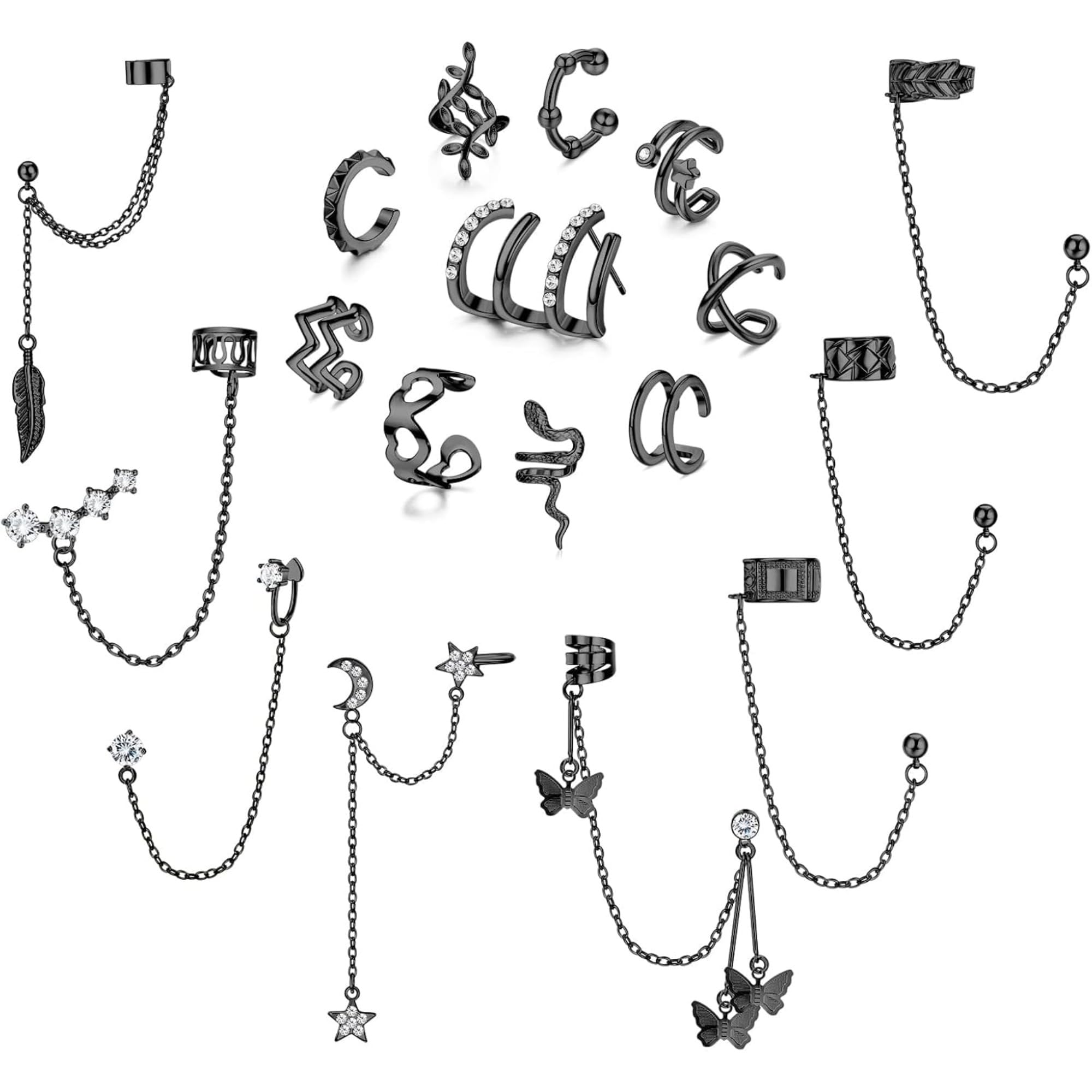 【送料無料】Jstyle 18点 イヤーカフ レディース 人気 セット シルバー ゴールド ブラック リング 小さめ ステンレス 複数 ジルコニア アレルギー対応 軟骨 女性 ジュエリー 色：ブラック、サイズ：通用