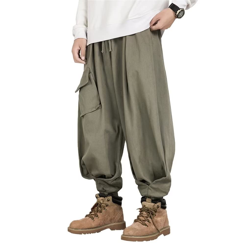 【送料無料】[KOGARASI] サルエルパンツ メンズ ワイドパンツ 春服 夏服 秋服 冬服 スウェット ロングズボン ゆったり 綿 麻 大きいサイズ ストライプ おしゃれ ゴム紐付き 裾リブ オールシーズン 色：グリーン、サイズ：4XL