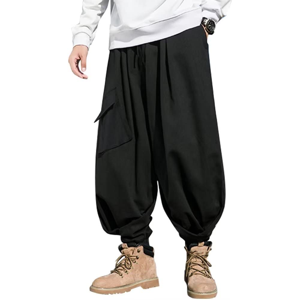 【送料無料】[KOGARASI] サルエルパンツ メンズ ワイドパンツ 春服 夏服 秋服 冬服 スウェット ロングズボン ゆったり 綿 麻 大きいサイズ ストライプ おしゃれ ゴム紐付き 裾リブ オールシーズン 色：ブラック、サイズ：4XL