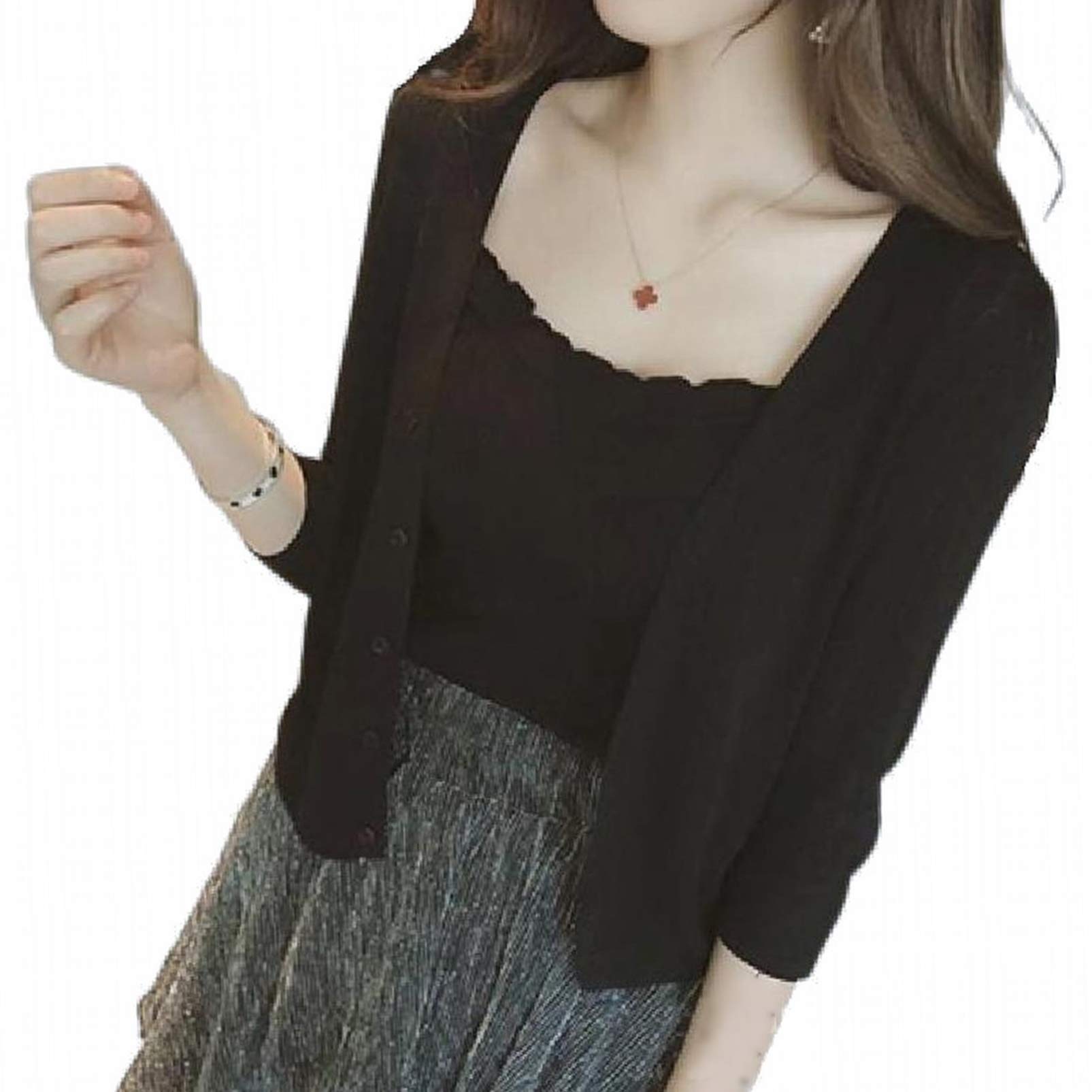 【送料無料】[toasoa] カーディガン レディース 七分袖 春 夏 薄手 vネック オフィス 色：ブラック、サ..