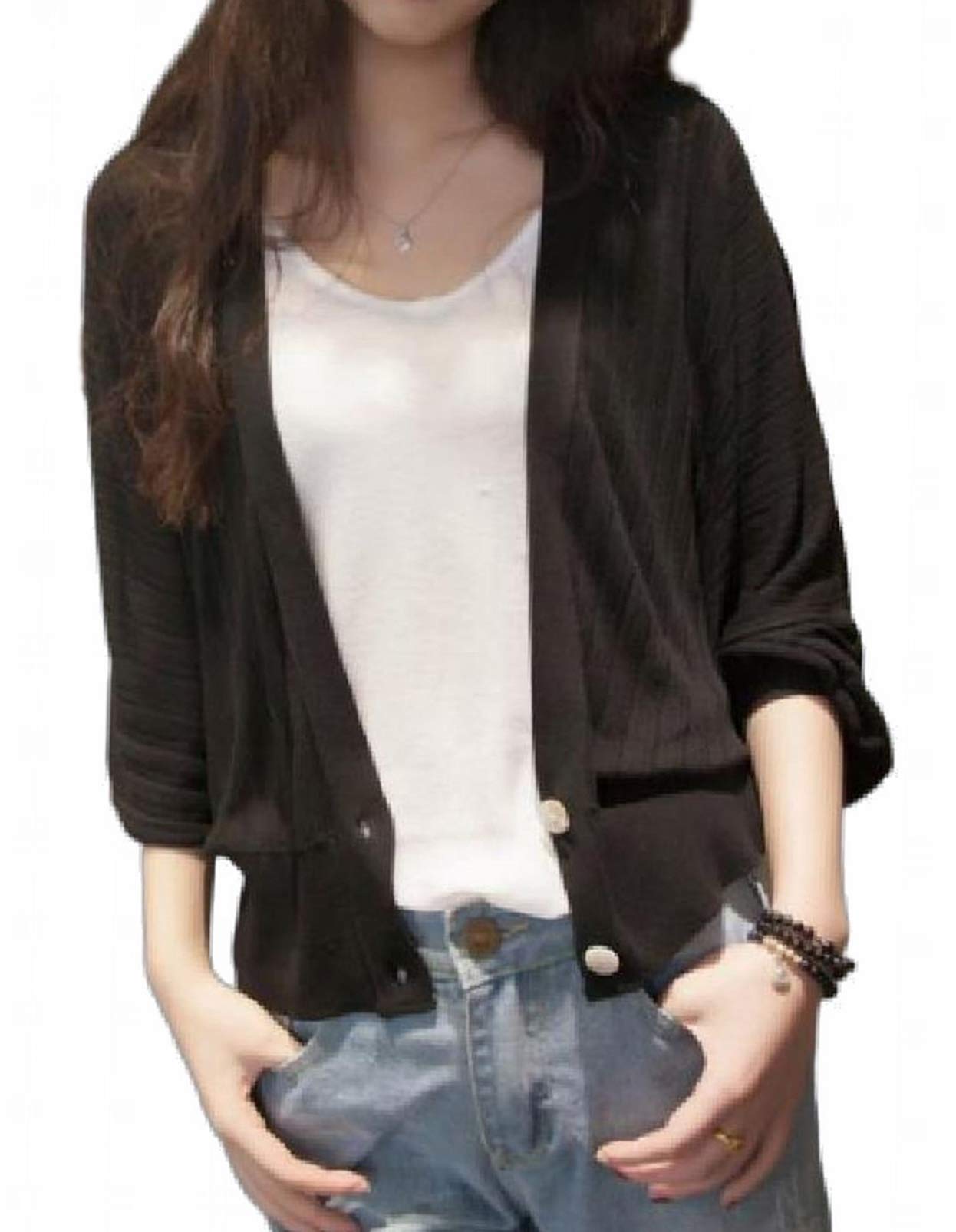 【送料無料】[toasoa] カーディガン レディース 九分袖 オフィス 薄手 深 vネック 色：ブラック、サイ..