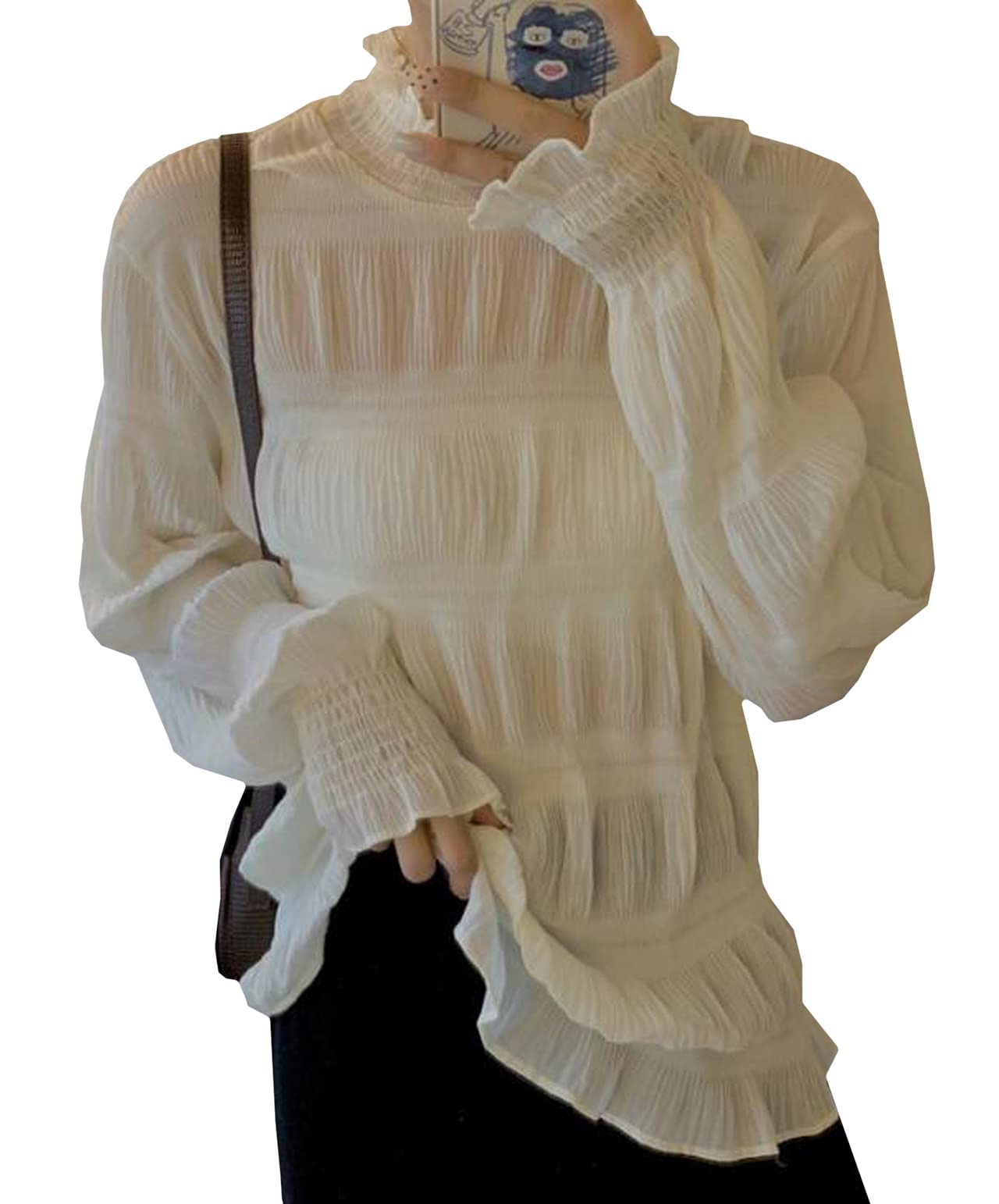 【送料無料】[toasoa] ハイネック ブラウス レディース 長袖 フリル トップス プリーツ 色：ホワイト、サイズ：M