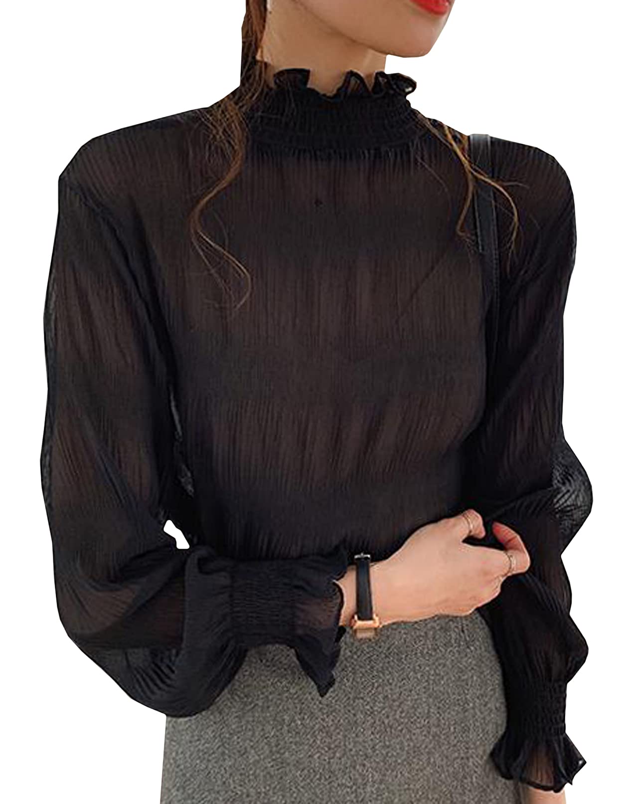【送料無料】[toasoa] ハイネック ブラウス レディース 長袖 フリル トップス プリーツ 色：ブラック、サイズ：XL