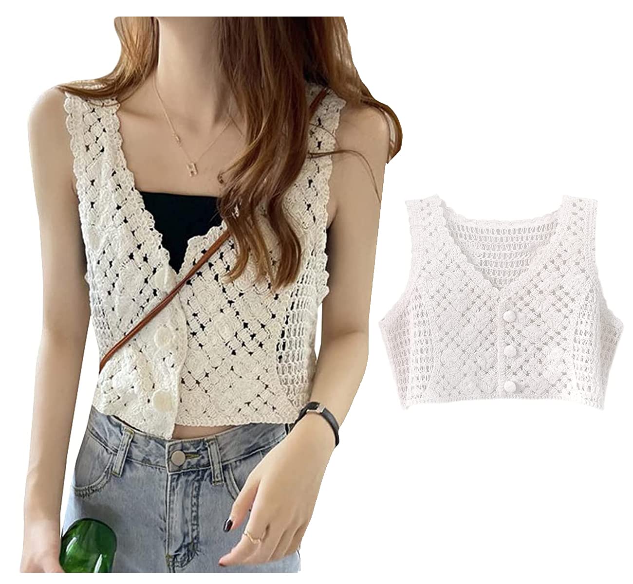 【送料無料】[Tanluhu] ベスト レディース ノースリーブ カーディガン ニット 透かし編み おしゃれ ボ..