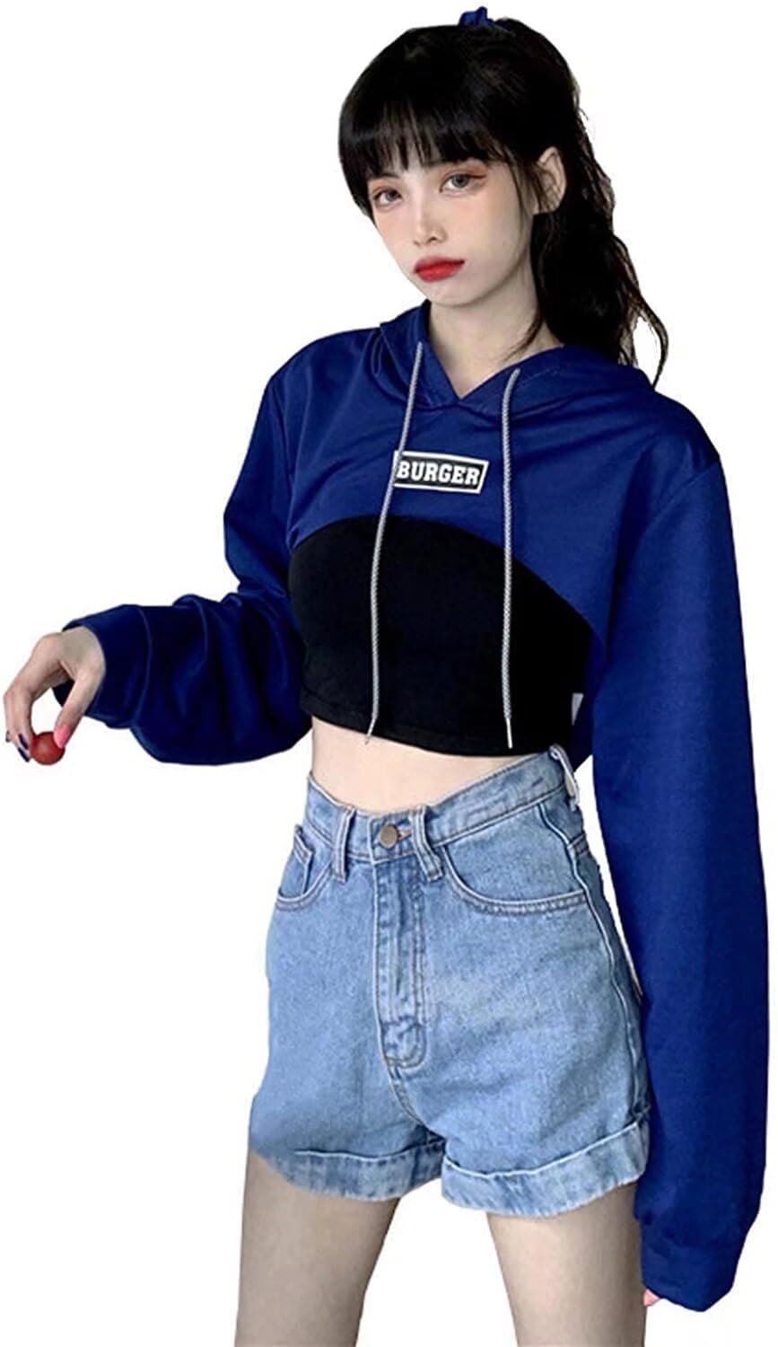 【送料無料】[Quntum A.E] ダンストップス レディース へそ出し パーカー キャミ 原宿系 ショート丈 トップス ダンス衣装 イベント ステージ衣装 ダンスウェア ヒップホップ 練習着 舞台服 クロップド丈 色：ネイビー、サイズ：XL
