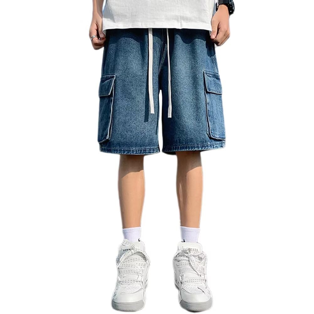 【送料無料】Quntum A.E ショートパンツ メンズ デニムハーフパンツ カーゴパンツ コットン ゆったり 5分丈ジーンズ ビッグシルエット 大きいサイズ カジュアル ストリート系 飾り紐付き 色：ダークブルーX、サイズ：M