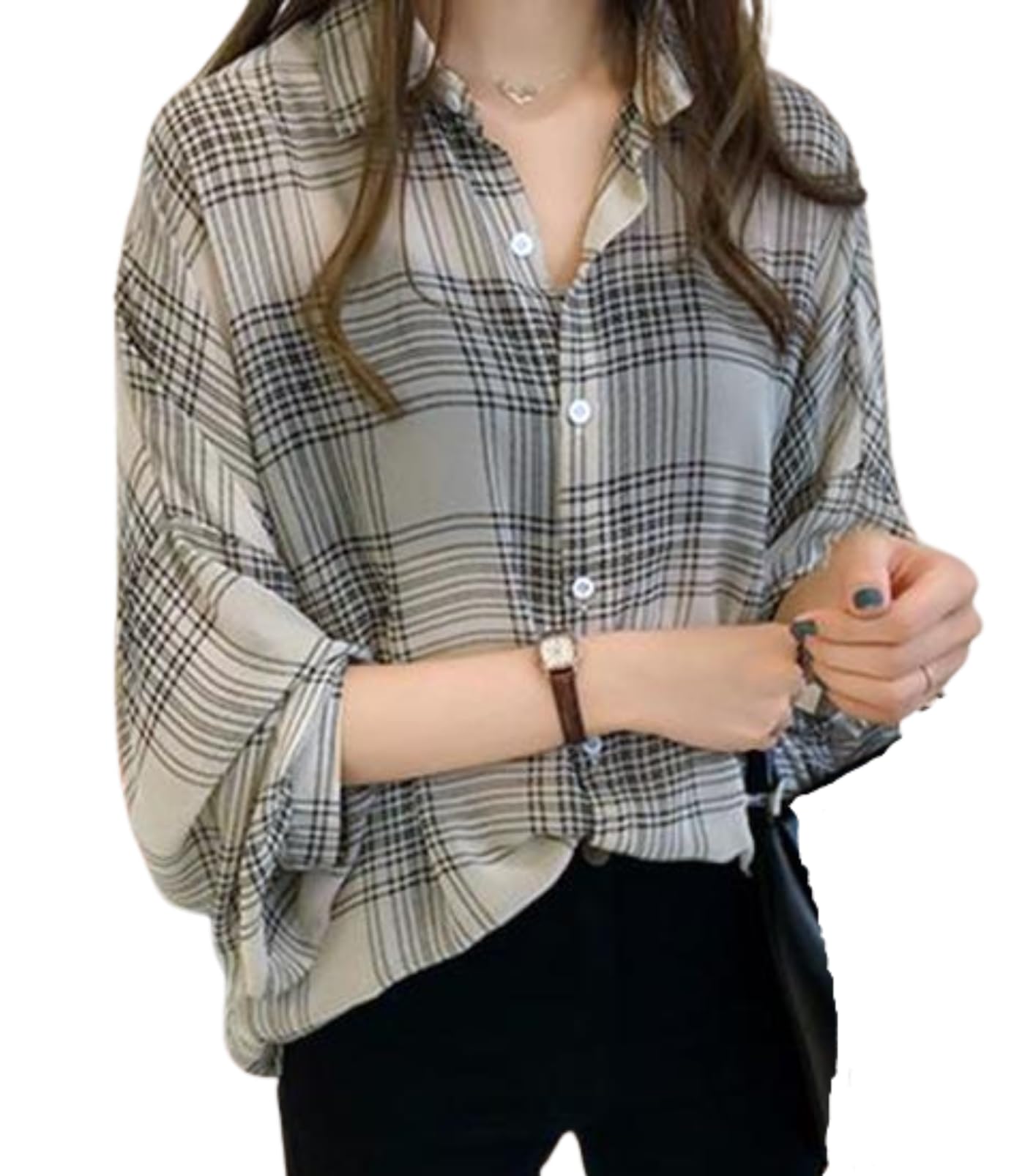 【送料無料】[toasoa] チェック シャツ レディース トップス 長袖 前開き シフォン とろみ ブラウス 色：ベージュ、サイズ：L