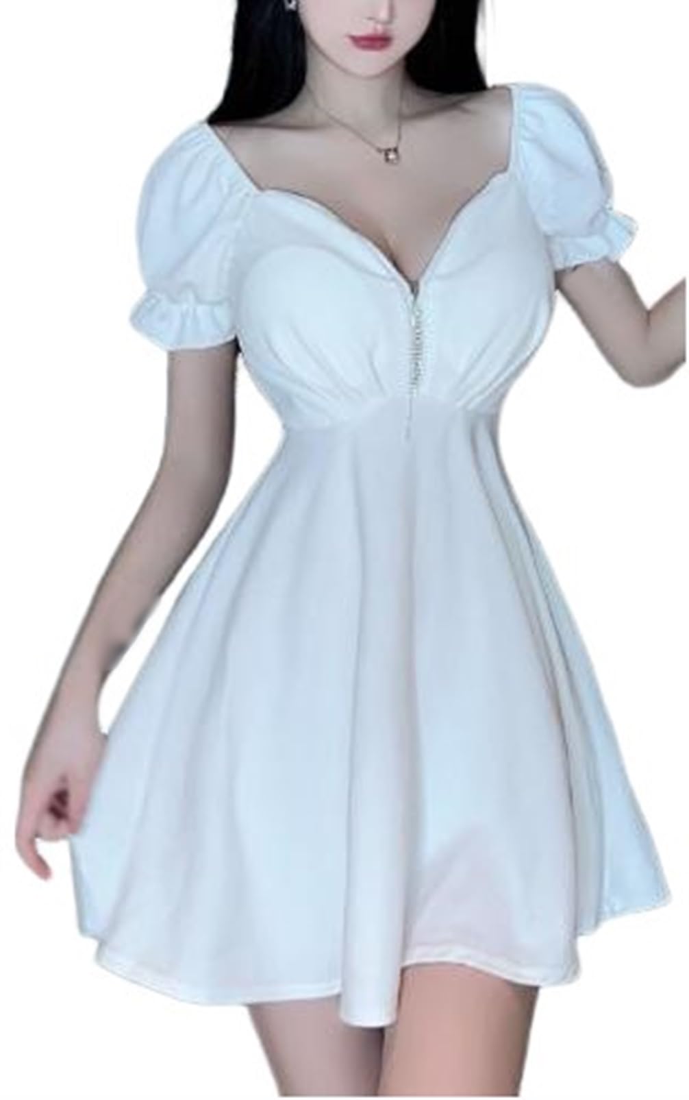 【送料無料】[トーアソーア] ワンピース レディース ミニ フレア セクシー ジッパー 半袖 パフスリーブ 色：ホワイト、サイズ：M