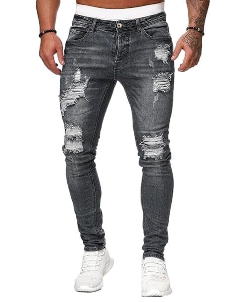 【送料無料】[Four leaf] やりらふぃー スキニー デニムパンツ ストレッチ ダメージ加工 スリムパンツ スキニーパンツ ジョガーパンツ メンズ 裾上げ済み パンツ ジーパン 春 夏 秋 色：グレー、サイズ：XL