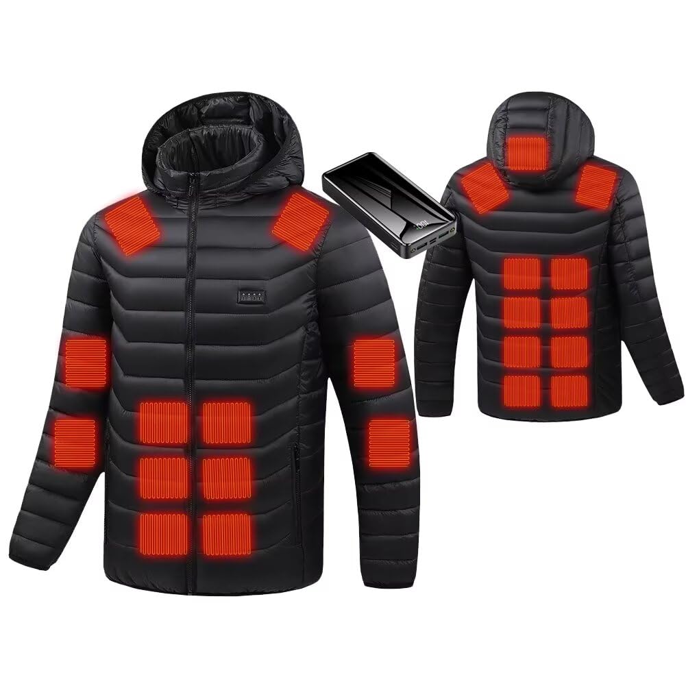 【送料無料】[Quntum A.E] 電熱ジャケット 23つヒーター 2万バッテリー付き 独立温度調節 4つスイッチボタン 3段温度調節 フード取り外し可 M-5XL 大きいサイズ ヒートジャケット 防寒服 男女兼用 中綿 色：ブラック23(20000mAhバッテリー)、サイズ：2XL
