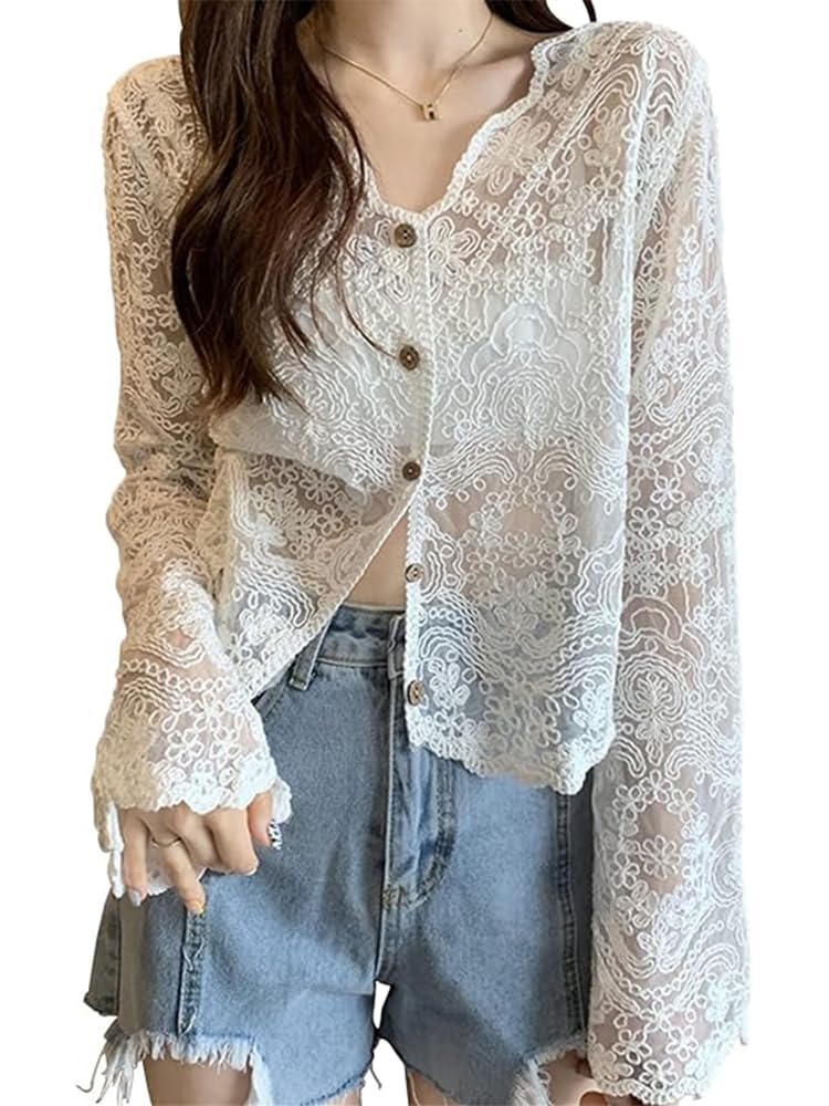 【送料無料】LIYURLTA レース カーディガン 透かし 長袖 羽織り UVカット 冷房対策 シアー感 チュール ..