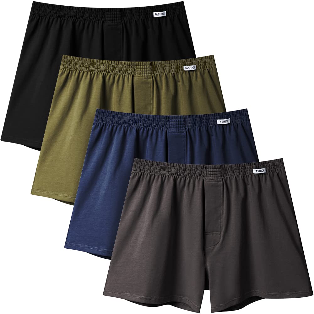 【送料無料】[Metakey] ニット トランクス メンズ 下着 無地 超長綿 抗菌防臭加工 大きいサイズ 50-125kg対応 3枚セット 4枚セット 5枚セット インナー アンダーウェア 前開き ボタン 色：#09-4枚組（ブラック + ネイビー + ダークグリーン + ダークグレー）、サイズ：XL