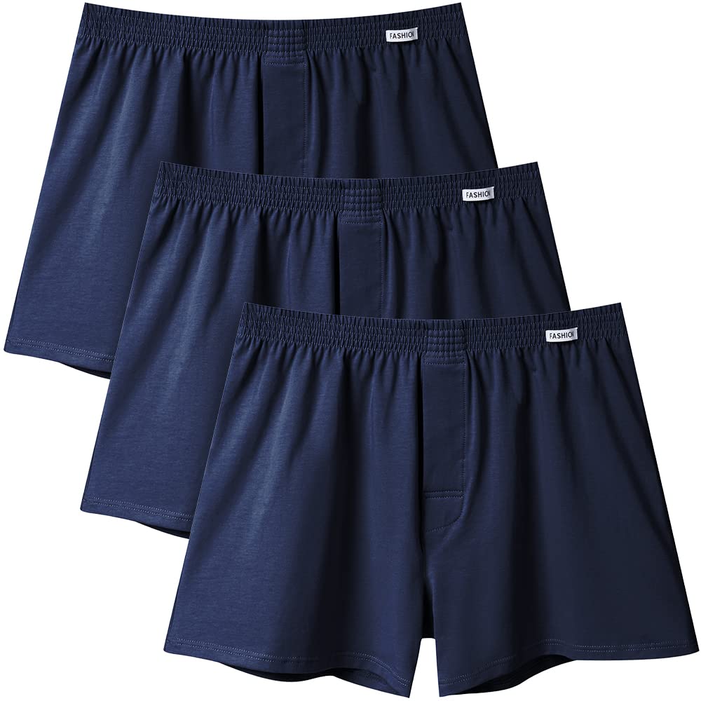 【送料無料】[Metakey] ニット トランクス メンズ 下着 無地 超長綿 抗菌防臭加工 大きいサイズ 50-125kg対応 3枚セット 4枚セット 5枚セット インナー アンダーウェア 前開き ボタンあり オールシーズン 色：#11-3枚組（ネイビー×3）、サイズ：XL