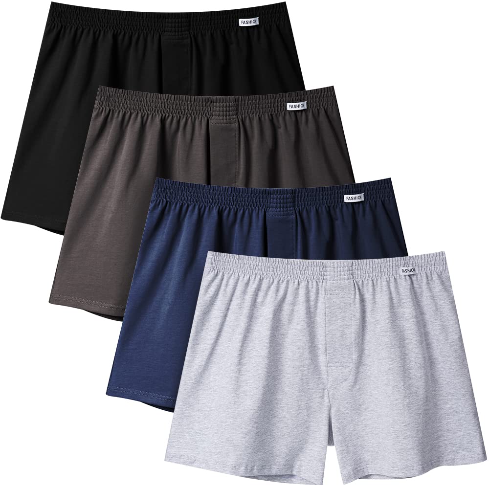 【送料無料】[Metakey] ニット トランクス メンズ 下着 無地 超長綿 抗菌防臭加工 大きいサイズ 50-125kg対応 3枚セット 4枚セット 5枚セット インナー アンダーウェア 前開き ボタン 色：#08-4枚組（ブラック + ネイビー + ダークグレー + ライトグレー）、サイズ：4XL