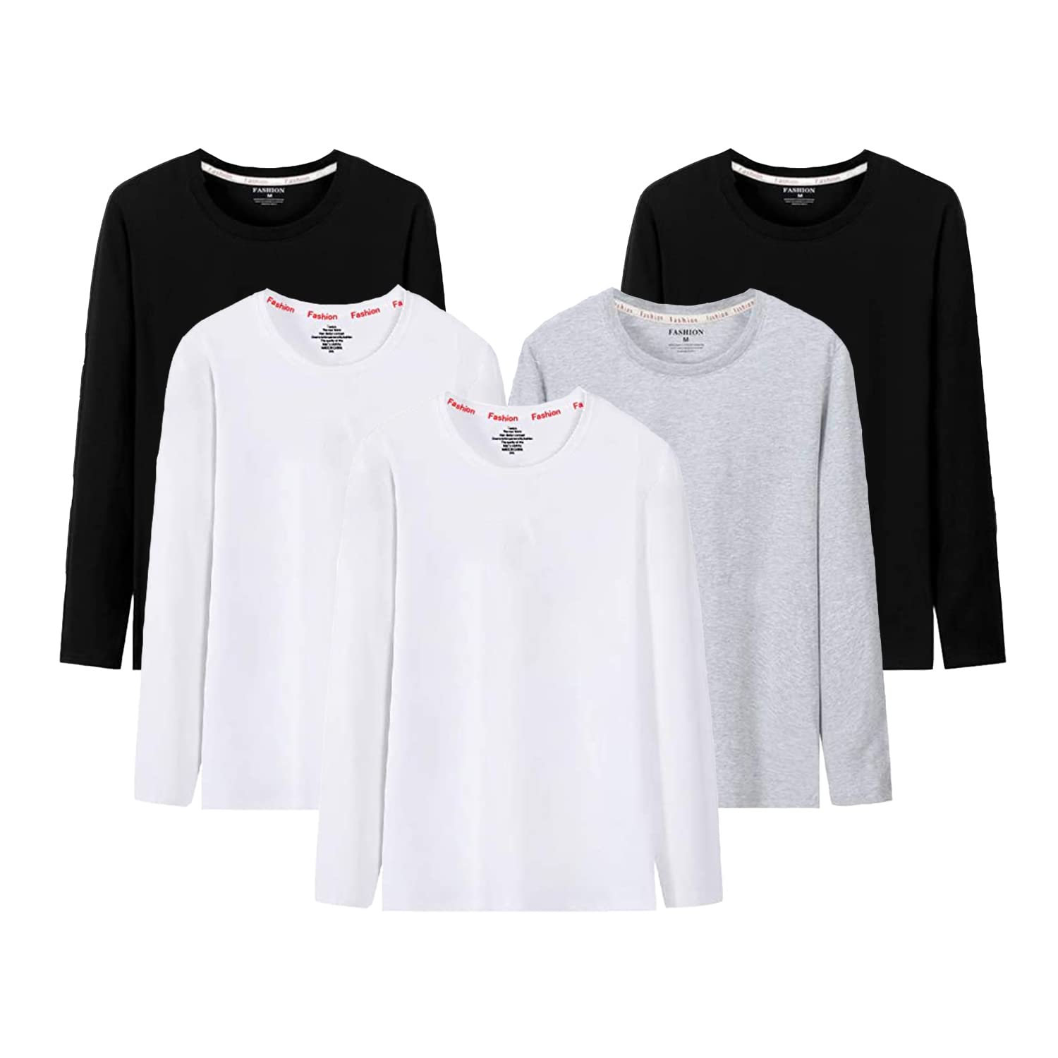 【送料無料】[Aquiver] インナーシャツ メンズ 肌着 長袖 Tシャツ 保温 抗菌防臭 綿100 無地 下着 丸首 紳士 5枚組 カットソー ティシャツ クルーネック 秋 冬 黒 白 ホワイト グレー 色：1 ミックスカラ、サイズ：XL