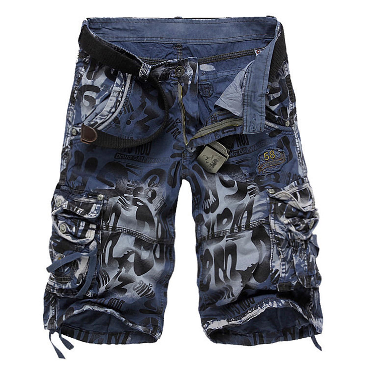 【送料無料】[S eranier] ハーフパンツ メンズ カーゴ迷彩 おしゃれ ショートパンツ メンズ ゆったり 通気性 大きめ ズボンドライ 薄手 マルチポケット 登山 アウトドア トレーニング 色：ブルー、サイズ：34