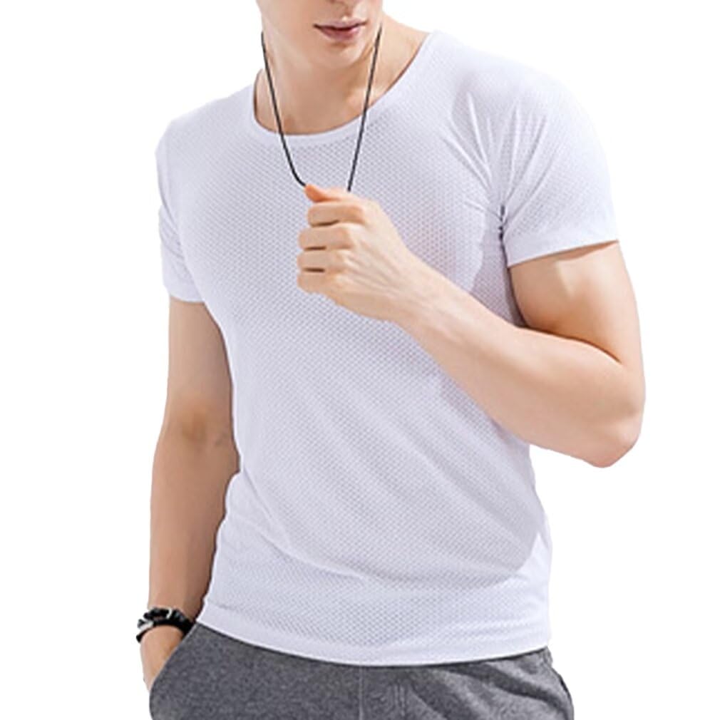 【送料無料】[Running sheep] アンダーシャツ メンズ スポーツ tシャツ インナー トレーニングウェア メッシュ ランニング アンダーウェア 接触冷感 通気速乾 色：ホワイト、サイズ：2XL