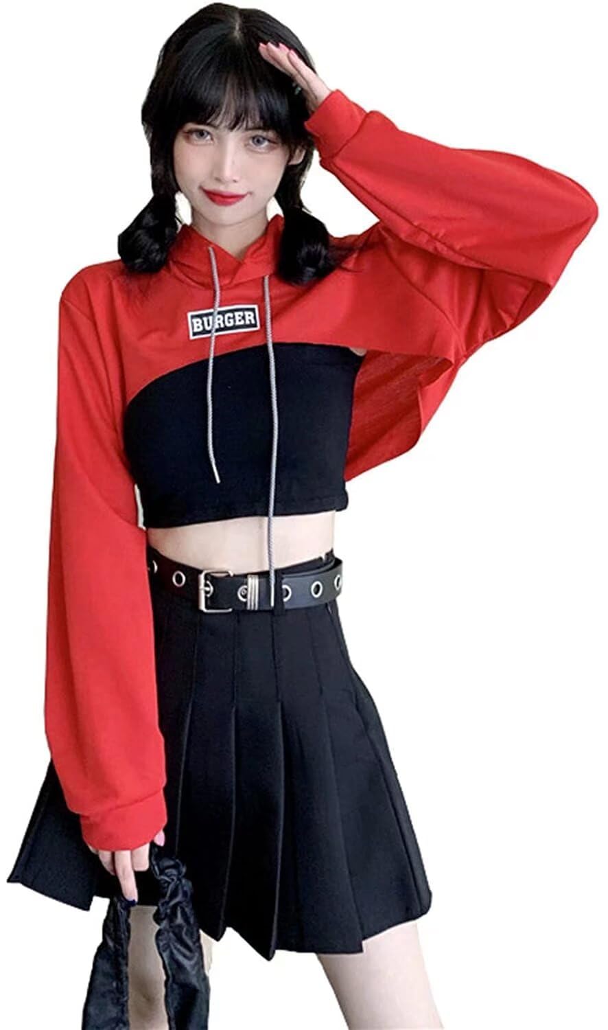 【送料無料】[Quntum A.E] ダンストップス レディース へそ出し パーカー キャミ 原宿系 ショート丈 トップス ダンス衣装 イベント ステージ衣装 ダンスウェア ヒップホップ 練習着 舞台服 クロップド丈 色：レッド、サイズ：M