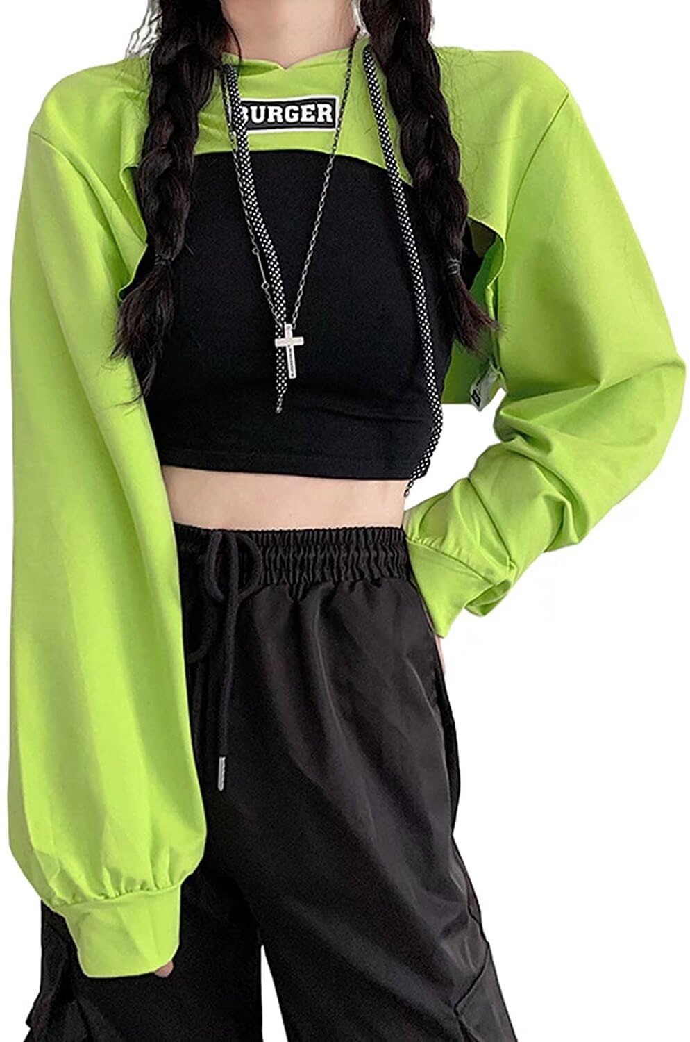 【送料無料】[Quntum A.E] ダンストップス レディース へそ出し パーカー キャミ 原宿系 ショート丈 トップス ダンス衣装 イベント ステージ衣装 ダンスウェア ヒップホップ 練習着 舞台服 クロップド丈 色：グリーン、サイズ：M