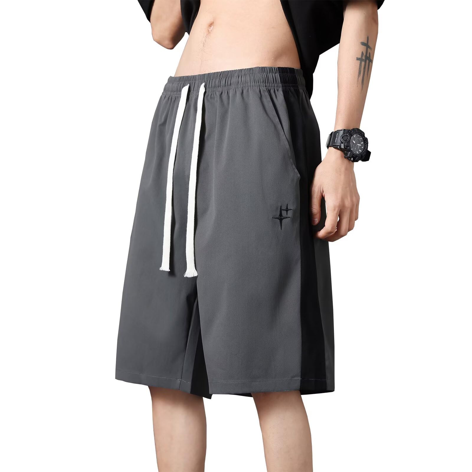 【送料無料】[Running sheep] ハーフパンツ メンズ 冷感 カジュアル 半ズボン ジャージ下 ショートパンツ スポーツ ハーフ フィットネスパンツ 夏服 [UVカット・通気速乾] 色：ダークグレー、サイズ：S