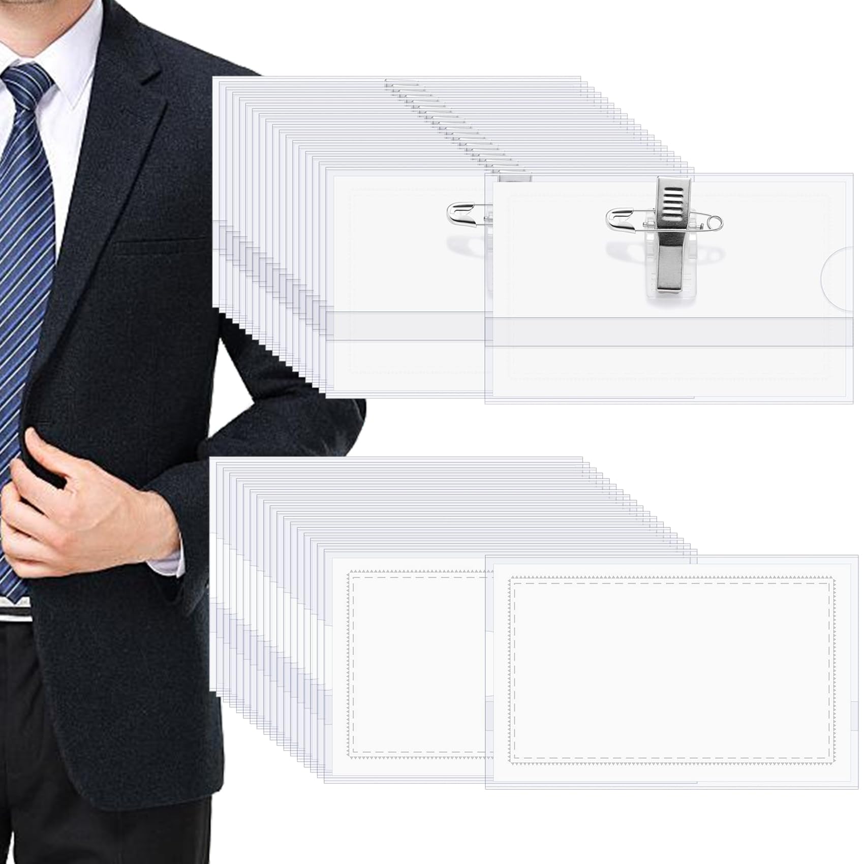 【送料無料】名刺型 名札 名札 ケース 名札ホルダー 名札クリアケース 名札クリップ バンドクリップ ネームホルダー 横型 ホワイト 透明色名札ケース 社員証 ネームクリップ クリップ付き pvc製 安全ピン・クリップ両用タイプ 名札ケース 落下防止 防水機能 色：30枚入り