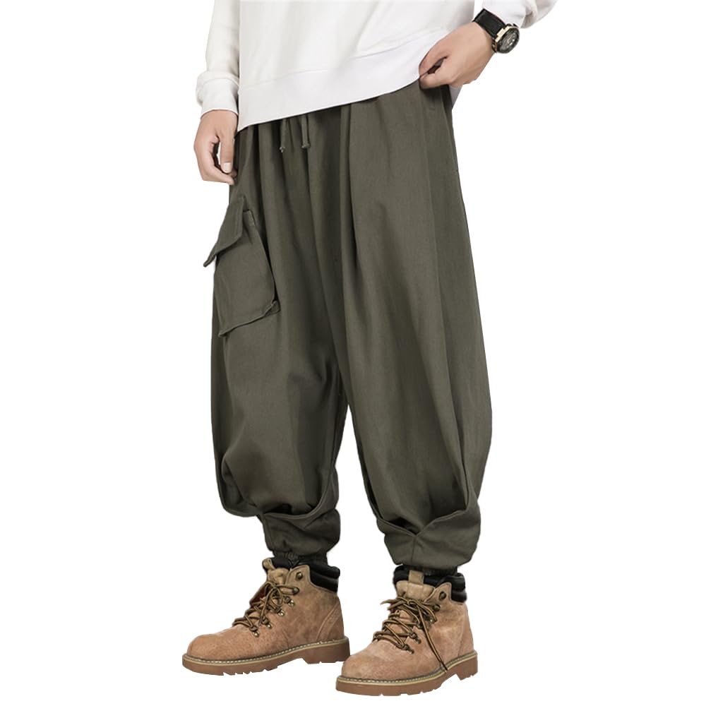 【送料無料】[KOGARASI] サルエルパンツ メンズ ワイドパンツ 春服 夏服 秋服 冬服 スウェット ロングズボン ゆったり 綿 麻 大きいサイズ ストライプ おしゃれ ゴム紐付き 裾リブ オールシーズン 色：カーキ、サイズ：L