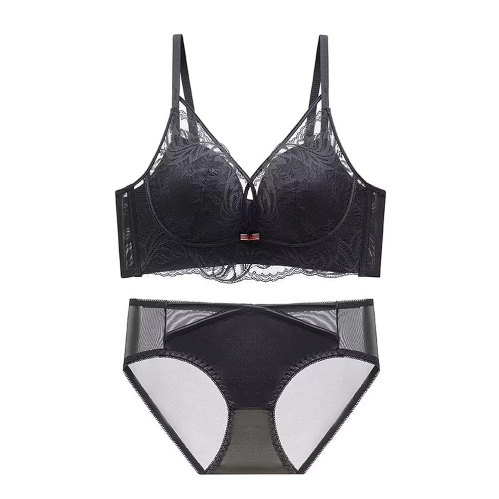 【送料無料】[Quntum A.E] 盛りブラ 極厚パッド入り 5cmUP ノンワイヤー フロントクロス 脇高ブラジャー 下厚カップ 寄せブラ レース 谷間メイク 美胸キープ 背中スッキリ セクシー 色：ブラックセット、サイズ：M