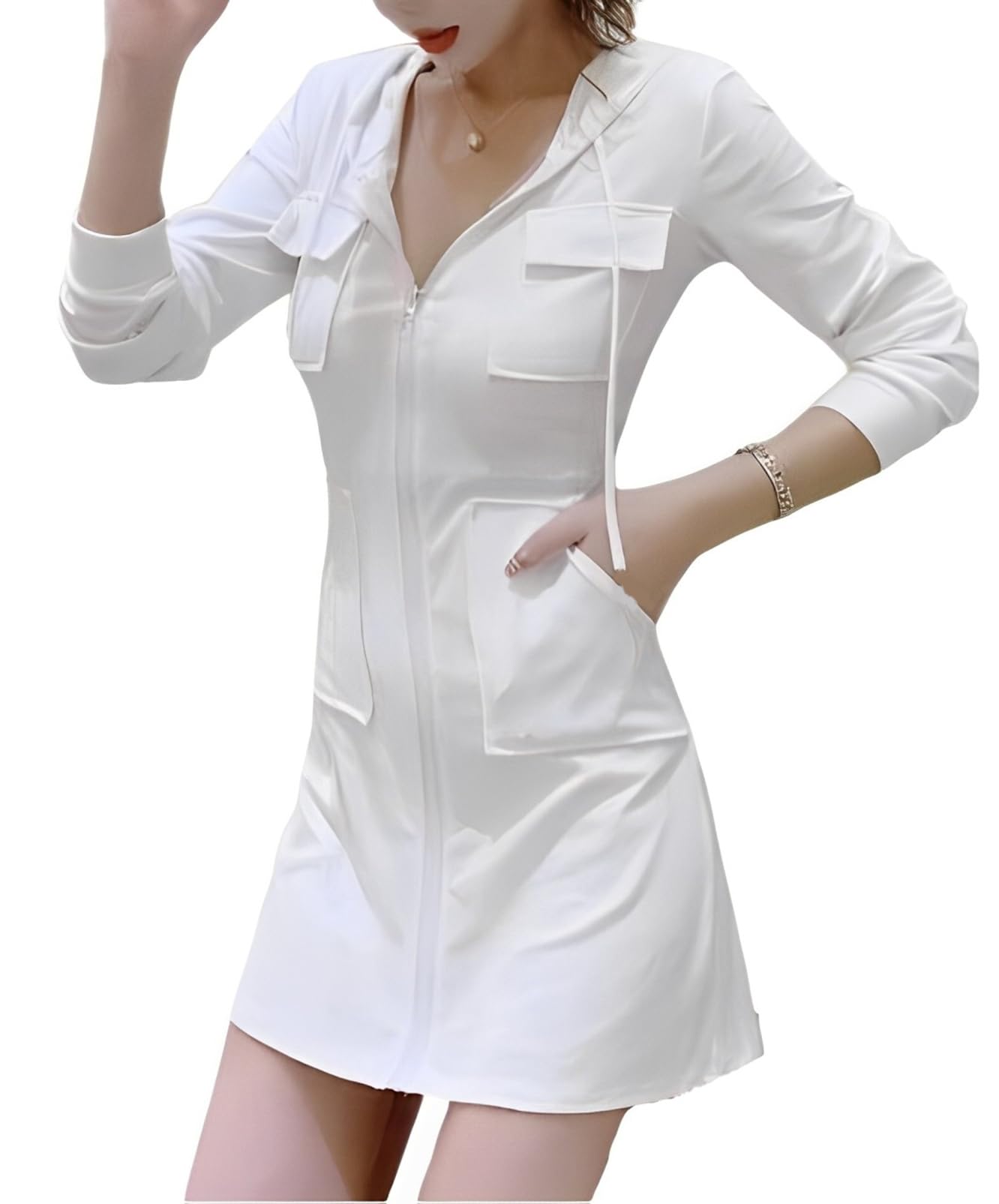 【送料無料】[toasoa] ロング パーカー レディース 長袖 ワンピース ジップアップ 薄手 フード ポケット 付き 色：ホワイト、サイズ：M