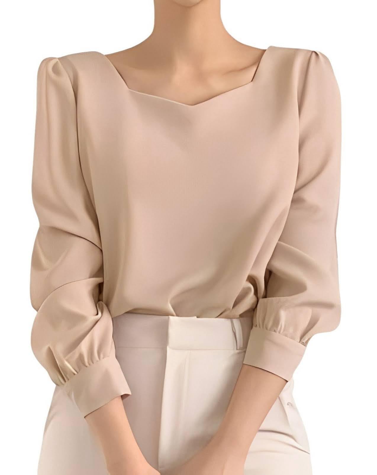 【送料無料】[toasoa] ブラウス レディース 長袖 トップス 襟なし パフスリーブ 色：ベージュ、サイズ：M
