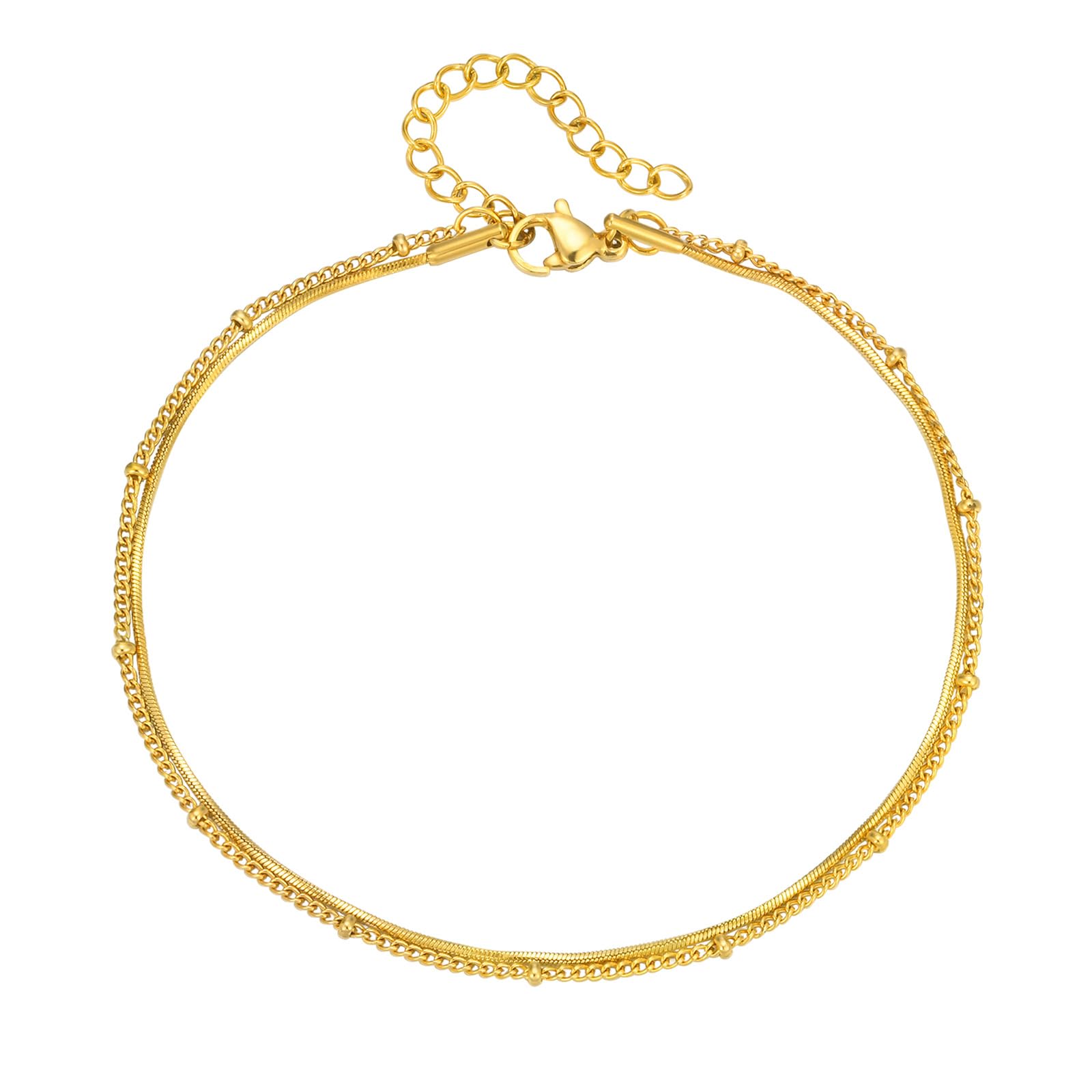 【送料無料】アンクレット レディース ダブルレイヤー スクエアスネークチェーン ビーズチェーン 18Kゴールドメッキ 調整可能 エレガント ファッションアクセサリー サマーギフト