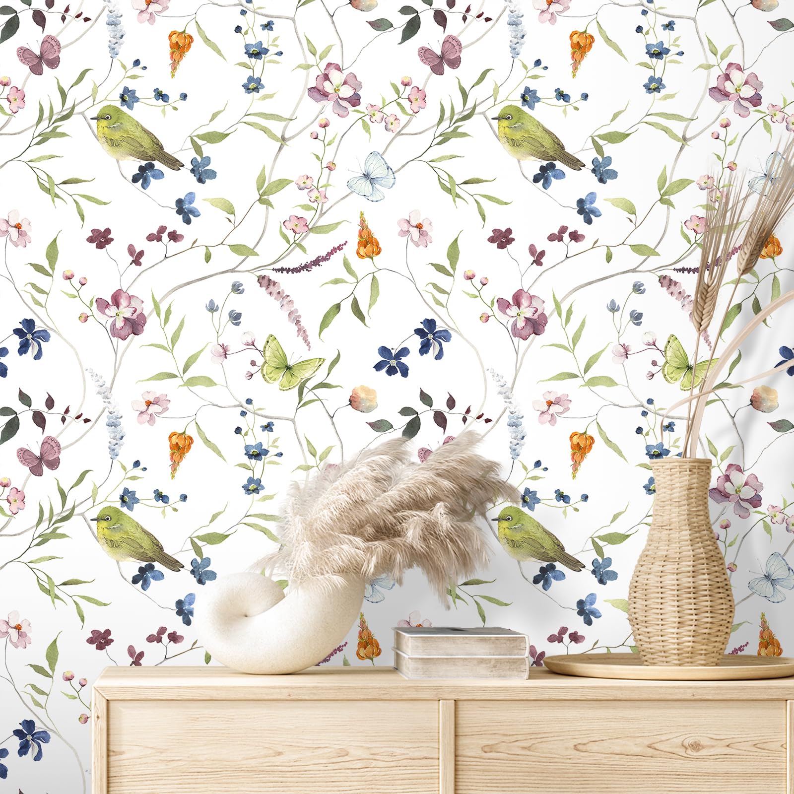 【送料無料】VEELIKE 剥がせる壁紙シール 北欧風 花鳥柄 防水壁紙 リメイクシート 耐熱 DIYリフォーム可能 賃貸OK のり付き シールタイプ 44.5x300cm（白地/和バタン調）キッチン トイレ 家具天板用 おしゃれインテリアクロス 色：ホワイト、サイズ：幅44.5 cm x 長さ3 m