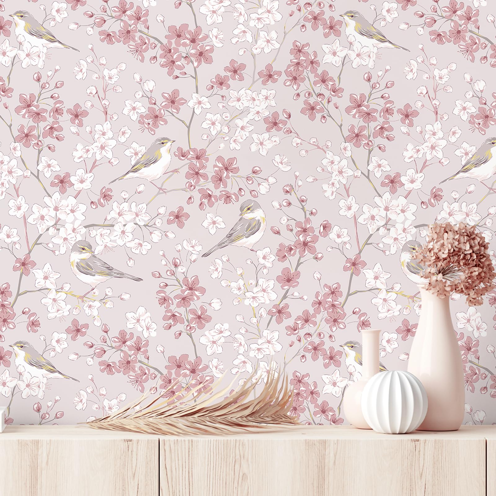 【送料無料】VEELIKE 壁紙シール 壁紙 リメイクシート 和風 桜と鳥 花柄 防水 耐熱 剥がせる壁紙 クロス カッティングシート リフォームシート ウォール ステッカー すま紙 シールタイプ のり付き はがせる PVC 難燃 賃貸ok DI 色：ピンク、サイズ：幅44.5 cm x 長さ3 m