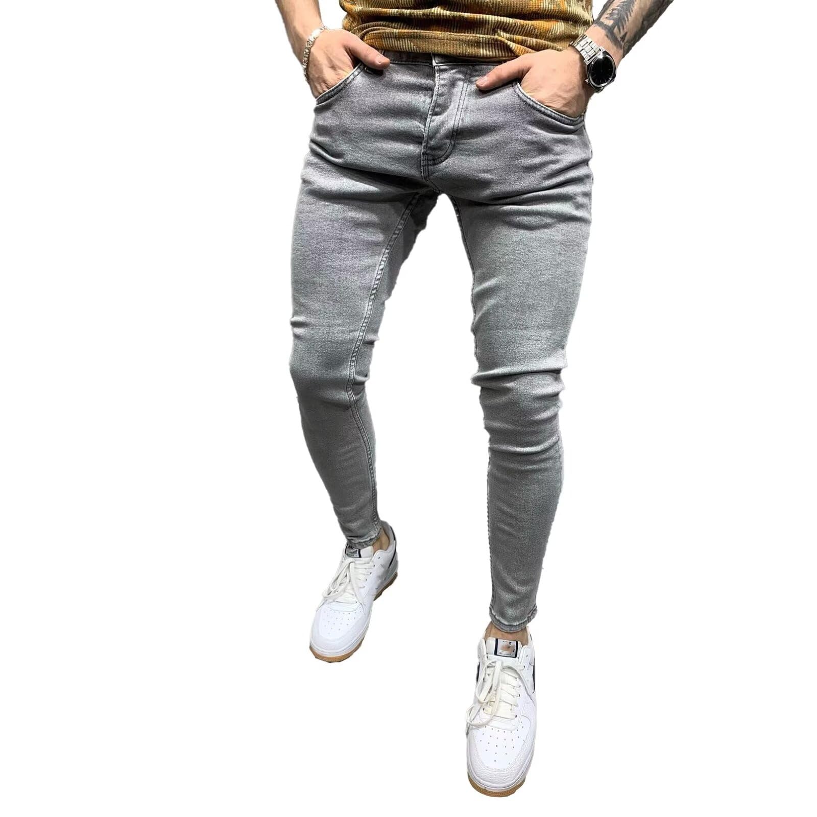 【送料無料】[UUEN] 細めスキニーデニム ストレッチパンツ スリム ジーンズ メンズ デニムパンツ 細身 タイト スキニージーンズ デニム 色：グレー、サイズ：XL