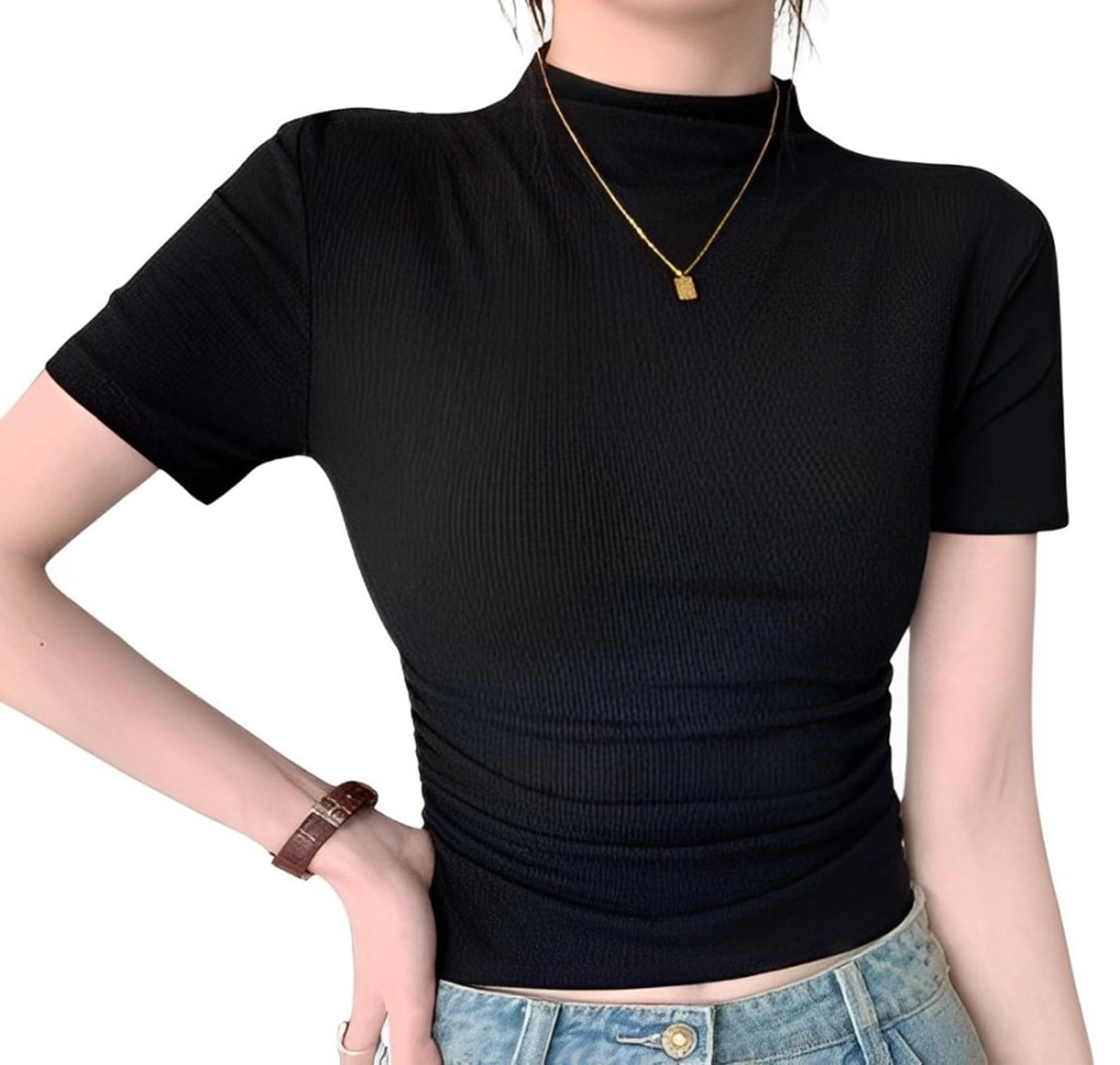 【送料無料】[toasoa] カットソー レディース 半袖 ハイネック サイド ギャザー ショート丈 色：ブラック、サイズ：S