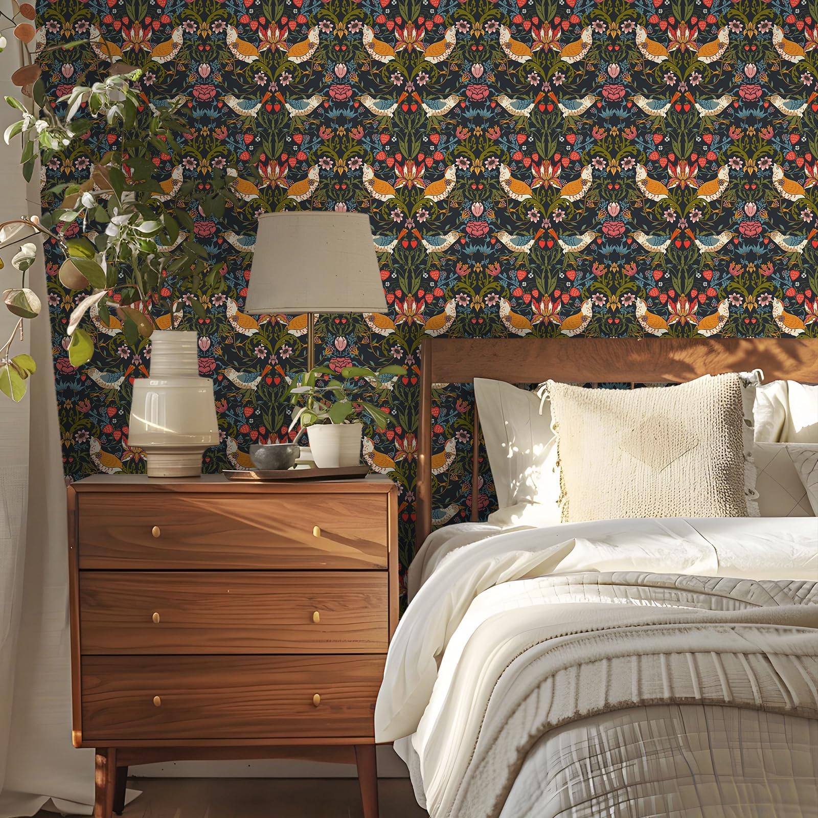 【送料無料】VEELIKE 剥がせる壁紙シール リメイクシート 北欧デザイン 花鳥柄 防水壁紙 (PVC厚手 DIYリメイク対応) のり付き 貼って剥がせる キッチン/天板/玄関用 45x300cm おしゃれ クロス 賃貸対応 耐熱 ヴィンテージ風 色：多色、サイズ：幅44.5 cm x 長さ3 m