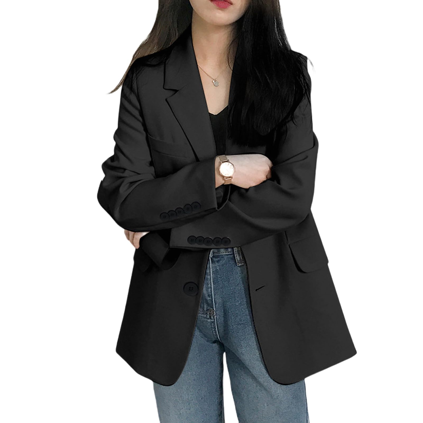 【送料無料】[TeMibery Lyric] ジャケット レディース コート アウター カジュアル 大きいサイズ 長袖 春 秋 冬 おしゃれ ビジネス ゆったり 上品 コート 着痩せ 無地 ブレザー 薄手 トップス エレガント 体型カバー 秋服 きれい vネック 色：ブラック、サイズ：L