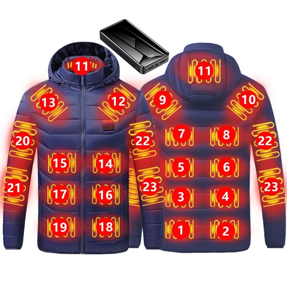 【送料無料】[Quntum A.E] 電熱ジャケット 23つヒーター 2万バッテリー付き 独立温度調節 4つスイッチボタン 3段温度調節 フード取り外し可 M-5XL 大きいサイズ ヒートジャケット 防寒服 男女兼用 中綿 色：ネイビー23(20000mAhバッテリー)、サイズ：XL