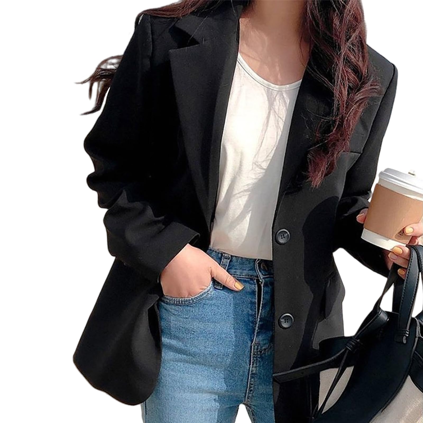 【送料無料】[TeMibery Lyric] ジャケット レディース 着痩せ 大きいサイズ 長袖 コート ブレザー 秋服 体型カバー カジュアル トップス ゆったり アウター 春 秋 冬 おしゃれ オフィス vネック ビジネス 薄手 きれい 無地 エレガント 色：ブラック、サイズ：Free Size