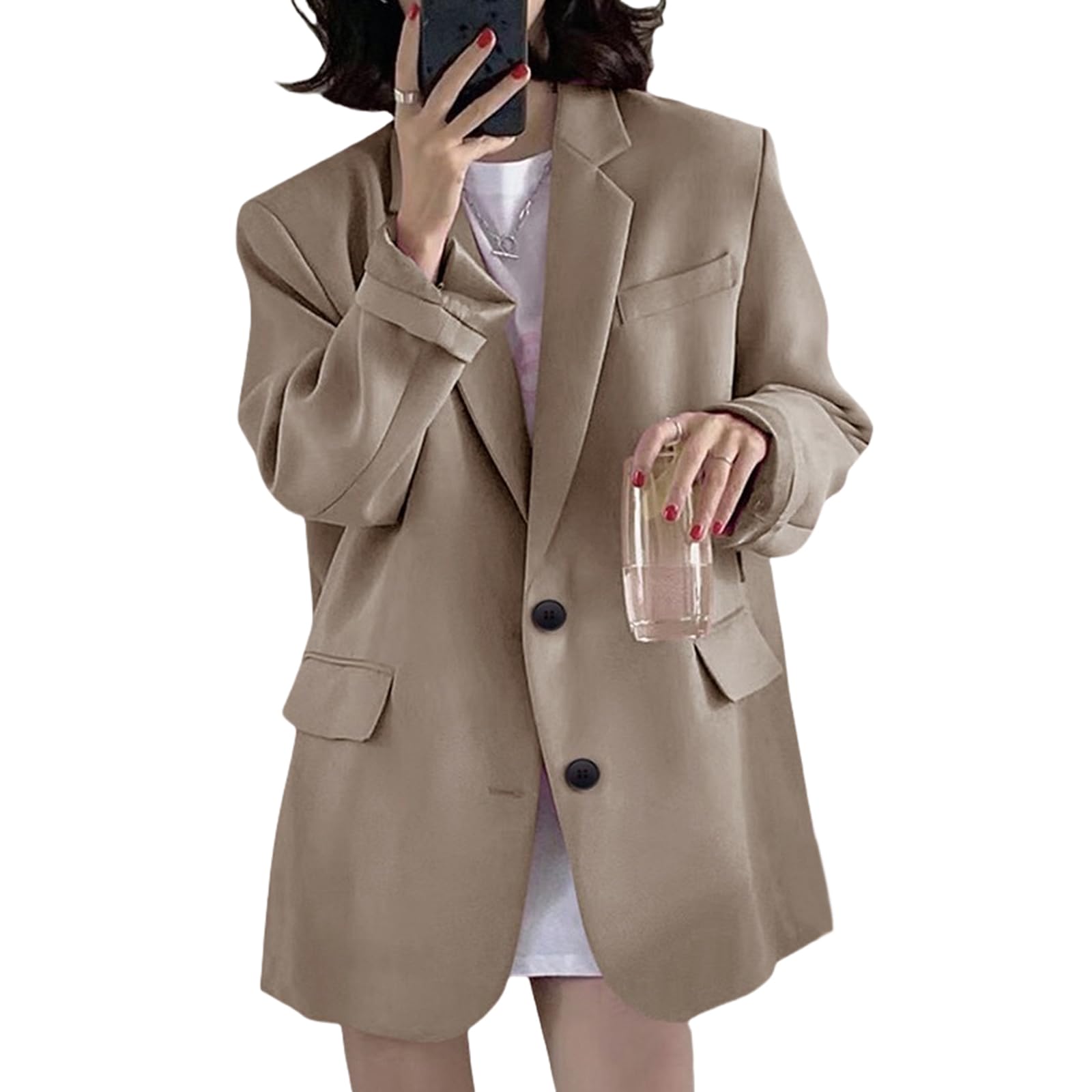 【送料無料】[TeMibery Lyric] ジャケット レディース 春 秋 冬 上品 オフィス 薄手 着痩せ 大きいサイズ 長袖 ゆったり コート ブレザー 秋服 トップス 体型カバー エレガント vネック 無地 カジュアル アウター おしゃれ ビジネス き 色：キャメル、サイズ：Free Size