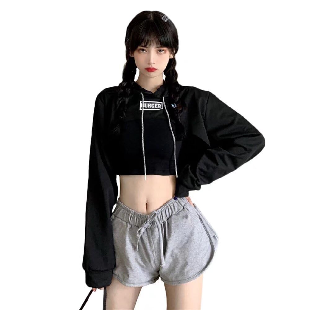 【送料無料】[Quntum A.E] ダンストップス レディース へそ出し パーカー キャミ 原宿系 ショート丈 トップス ダンス衣装 イベント ステージ衣装 ダンスウェア ヒップホップ 練習着 舞台服 クロップド丈 色：ブラック、サイズ：M